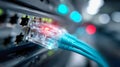 Close-up of glowing network cables connected to a server port, symbolizing fast data transfer and modern technology Royalty Free Stock Photo