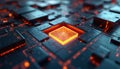 Close-up of glowing orange central processing unit on dark circuit board. Digital microchip with intricate pathways illuminates Royalty Free Stock Photo