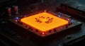 Close-up of a glowing orange CPU processor on a dark circuit board with red and blue lights Royalty Free Stock Photo
