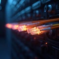 Close-up of glowing orange fiber optic cables plugged into network equipment. Data flows fast through digital wires in a server Royalty Free Stock Photo