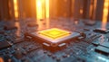 Close up of glowing yellow computer chip on black circuit board. Advanced technology microchip with digital connections, orange Royalty Free Stock Photo