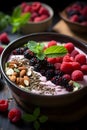 Close-up gluten-free smoothie bowl filled with vibrant layers, adorned with berries and nuts