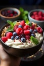 Close-up gluten-free vegan smoothie bowl with berries and nuts