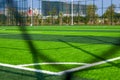 Close-up of the goal and touchline of a brand new football stadium Royalty Free Stock Photo