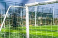 Close-up of the goal and touchline of a brand new football stadium Royalty Free Stock Photo