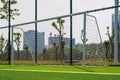 Close-up of the goal and touchline of a brand new football stadium Royalty Free Stock Photo