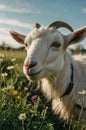 Curious White Goat Grazing Peacefully in a Meadow of Wildflowers on a Bright Sunny Day Royalty Free Stock Photo