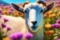 Close-Up of Goat in a Field of Wildflowers - Soft Texture of Cashmere-Like Fur Contrasted Against Vibrant Blooms Royalty Free Stock Photo