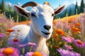 Close-Up of Goat in a Field of Wildflowers - Soft Texture of Cashmere-Like Fur Contrasted Against Vibrant Blooms Royalty Free Stock Photo