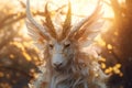 A close up of a goat with a golden crown on it's head. Generative AI image.