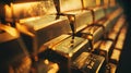 Close-up of gold bars stacked neatly reflecting. Royalty Free Stock Photo