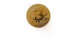 Close-up of gold Bitcoin coins on white background Royalty Free Stock Photo