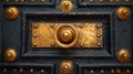 A close up of a gold and black door with brass knobs, AI Royalty Free Stock Photo