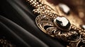 A close up of a gold and black necklace, AI