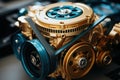 A close up of a gold and blue engine. Generative AI image.