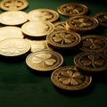 Close up of gold coins with four leaf clover design on green surface representing luck and fortune Royalty Free Stock Photo