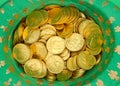 Close up of gold coins in a green Saint Patrick\'s Day hat view from above Royalty Free Stock Photo