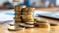 Close up of gold coins stack on office desk, financial concept in workplace setting Royalty Free Stock Photo