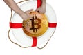 Close up of gold cryptocurrency bitcoin, BTC coin, hands holding lifeline, Lifebuoy, electronic payment system, concept of
