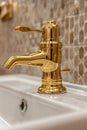 A close up of a gold faucet on the sink in front, AI