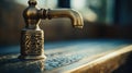 A close up of a gold faucet on a table, AI Royalty Free Stock Photo