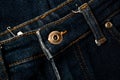 gold and shiny button navy blue jeans fabric texture. Royalty Free Stock Photo