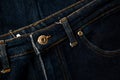 gold and shiny button navy blue jeans fabric texture. Royalty Free Stock Photo