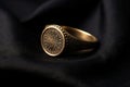 close-up of a gold signet ring on a black cloth