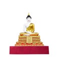 Gold sitting buddha image statue on red concrete stand in thai temple isolated on white background , clipping path Royalty Free Stock Photo