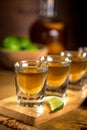 Close up of gold Tequila shots flight with cut limes and salt