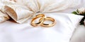 Close-up of gold wedding rings on a white cushion