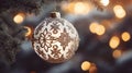 a close-up of a gold and white Christmas tree ornament, with a blurred background of warm, sparkling lights Royalty Free Stock Photo