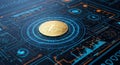 Golden Bitcoin cryptocurrency coin on a futuristic digital circuit board with glowing blue lines and data graphs Royalty Free Stock Photo