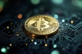 Close-up of a golden Bitcoin coin glowing on a digital blockchain circuit board
