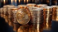 Close-up of golden Bitcoin coins stacked on a reflective surface, emphasizing cryptocurrency value, wealth accumulation Royalty Free Stock Photo