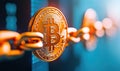 Close-up of a golden Bitcoin linked to a chain, symbolizing modern digital currency and blockchain technology