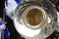 Close up of Golden Brass Horn with rain drops on a Brass Band