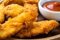 Close-up of golden brown fried chicken tenders with ketchup and honey mustard dipping sauce Royalty Free Stock Photo