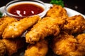Close-up of golden brown fried chicken tenders with ketchup and honey mustard dipping sauce Royalty Free Stock Photo