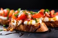 close up of golden bruschetta topped with creamy mozzarella