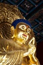 Close up of a golden buddha statue in Jing Shan Park Beijing. Above the statue is a ceiling with traditional Chinese patterns. Royalty Free Stock Photo