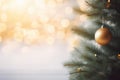 AI generated. Close up of golden Christmas tree toy ball decoration on a fluffy fir branch on festive background
