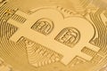 Close up of on a golden coin bitcoin logo