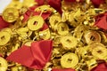 Close up of Golden coins decoration on background , Happy Chinese new year or lunar new year