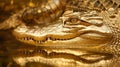 close up of a golden crocodile swims in the water