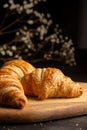 Close up of golden croissants on wooden board and dark table, with defocused white flowers and black background Royalty Free Stock Photo