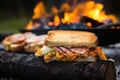 close up of golden crust on campfire toasted sandwich