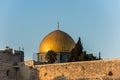 Close-up of Golden Dome of the Rock, Qubbat al-Sakhrah, under sunset on Temple Mount of Old City of Jerusalem,  Israel. One of the Royalty Free Stock Photo