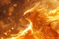 Close-up of a golden fiery phoenix on smokey blurred background, immortal, resurrection concept Royalty Free Stock Photo