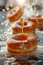 Close up of Golden Honey Drizzling on Sugared Doughnuts with Glistening Water Droplets Background